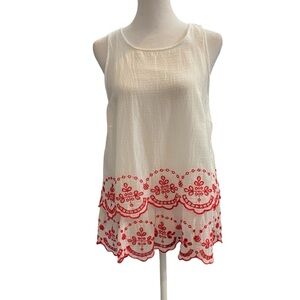 Crown & Ivy Scalloped Women's M White with red embroidery hem Tank Blouse Top